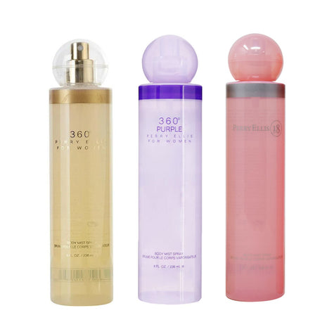 Perry Ellis Set 3 piezas Mist Fragances 360 tradicional + 360 purple +Perry 18 de 236 ml c/u. Dama