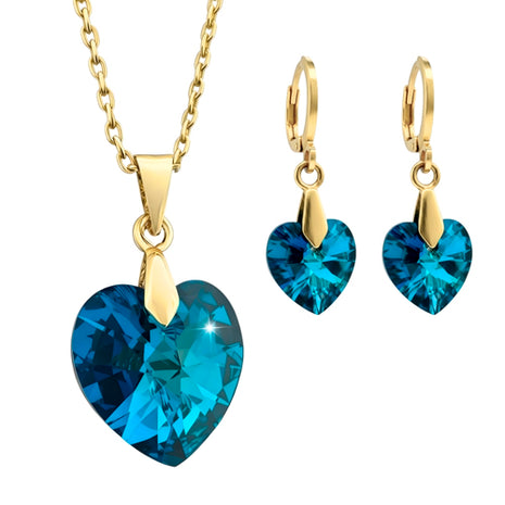 Zvezda Juego De Collar y Aretes ZJU-CH-HEA-BB Heart Bermuda Blue Chapa 18K