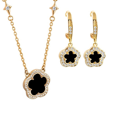 Juego de Collar y Aretes Trébol onix chapa 18K ZJU-CH-TREB-ON Zvezda