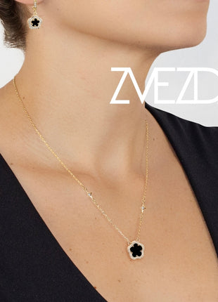 Juego de Collar y Aretes Trébol onix chapa 18K ZJU-CH-TREB-ON Zvezda
