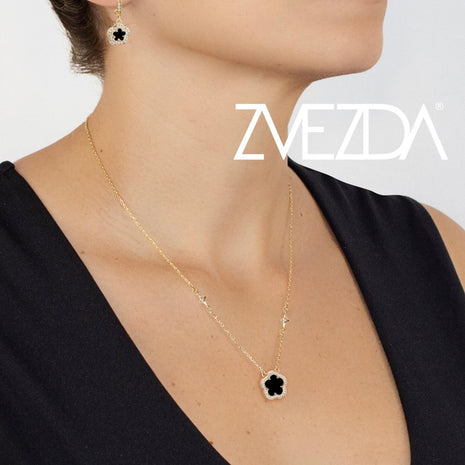 Juego de Collar y Aretes Trébol onix chapa 18K ZJU-CH-TREB-ON Zvezda